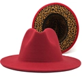 Red fedora wide brim hat with leopard print lining in thickened wool felt finish - M (56-58cm) / Red
