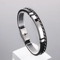 Men's braided black leather bracelet with polished curved stainless steel plate and clasp - Silver Stainless Steel Tube (KB179526-KLHQ) / Silver