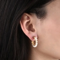 French vintage gold C-shaped hoop earrings with small pearls and textured grid pattern - Gold