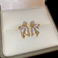 Elegant white lily petal stud earrings with pearl accents in gold plated finish - Silver Earring Post Enamel Pearl Wing Petal Studs