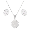Close-up of silver stainless steel jewelry set with smiling sun pendant and stud earrings - Sunflower Silver