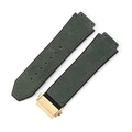Dark green suede leather watch strap with black rubber lining and gold folding clasp - 19x26mm / Matte Army Green - Gold Buckle
