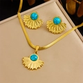 Gold vintage fan jewelry set with turquoise stones and snake chain in a beige gift box - Fan-shaped Turquoise Jewelry Set (N3189 E6207)