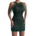 Dark green sequin dress with halter neck, cold shoulder cut, and beaded tassel details - Dark Green