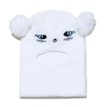 Detail of white knit cat balaclava featuring plush pom-poms and blue eye embroidery - White