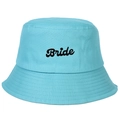 Close-up of sky blue cotton bucket hat with black Bride embroidery for party - Lake Blue