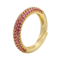 Anillo dorado ajustable con tres filas de circonitas rosas en micro-pavé - Oro Circonita Roja