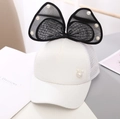Detail of white baseball cap featuring large black mesh bow and pearl Mickey silhouette - 2-10 Years (48-54cm) / Mesh Large Bow / White (Pearl)
