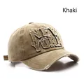 Vintage khaki cotton baseball cap with embroidered New York patch and distressed details - Adjustable / Khaki