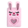 Pink plush bunny notebook for kids with glitter ears and heart design on white background - Pink Rabbit