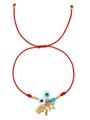 Red braided cord bracelet with blue evil eye beads and golden hamsa hand charms - Evil Eye Charm Style / Red