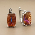Detailed close-up of rose gold earrings featuring rectangular colorful crystals with iridescence - Silver Style 5