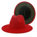 Elegant red and olive green two-tone wide brim wool felt fedora hat for winter wear - M (56-58cm) / Red Outer Olive Green Inner