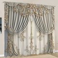 European style 3D floral embossed curtains with elegant valance in ivory and grey - 3D Relief Gold & Silver Floral