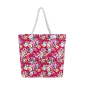 Ethnic style red canvas tote bag with floral rose prints and white rope handles - Pink Rose