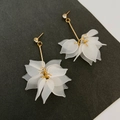 White frosted petal earrings with long gold tassel and rhinestone stud accent - Multi-layer Ice Flower Ball (7107)