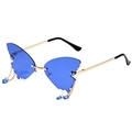 Blue rimless butterfly sunglasses with gold chain pendants and blue bead drops - Gold Frame Dark Blue Lens