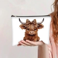 Trousse de maquillage en toile blanche avec motif vache des Highlands et nœud léopard - Style Imprimé Vache des Highlands(jiayingpbb0423)