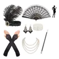 Set Gatsby des années 1920 de 7 pièces avec bandeau à plumes noir et bijoux perle - Ensemble 7 Pièces Double Plume Strass Noir 02