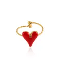 Detail of red enamel heart ring with gold adjustable twisted band and bead ends - Zj149
