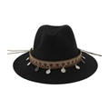 Detailed view of black ethnic wool fedora hat with patterned band and silver coins - 58cm / Black