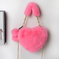 Pink heart-shaped faux fur crossbody bag with golden chain and pompom charm - Bright Pink