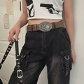 Vintage brown leather belt with embossed floral pattern and carved rose buckle on jeans - 100cm / Brown Rose Carved Buckle Style (K0241)