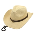 Chapeau de cowboy en paille beige avec bande en cuir et cordon réglable sur blanc - M (56-58cm) / Beige