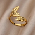 Detail of 18k gold plated stainless steel ring with elegant carved leaf texture - Gold Tree Leaf Style