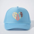 Hellblaue Mesh-Trucker-Kappe mit buntem Peace-Herz-Design und einem Smiley-Gesicht - Einheitsgröße / Himmelblau