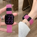 Detail view of pink Milanese loop metal mesh strap for Apple Watch on wrist - 56 Rose Red With Black Buckle (new Style) / 38/40/41/42mm