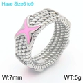 Silver stainless steel hip hop ring featuring pink X textured engraving in size 6 to 9 - Steel + Pink