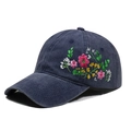 Vintage navy blue washed cotton baseball cap with colorful floral embroidery details - One Size / Navy Blue (Flower Style 1)