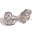 Silver heart stud earrings featuring a unique woven texture and polished metallic finish - French Woven Texture Heart Stud Earrings / Steel