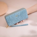 Light blue double zipper long wallet with floral embossing and gold bow tie charm - Sky Blue