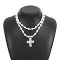 Double-layered pearl necklace with a vintage textured silver cross pendant on a bust - Double Layer Pearl Cross Style / Silver