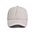 Detail shot of the six-panel crown and stitched eyelets on a light gray cotton baseball cap - Beige