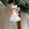 Pink and white plush angel doll Christmas tree hanging ornament with silver wings - Pink