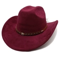 Detail of burgundy faux suede cowboy hat featuring star studs and brown faux leather band - M (56-58cm) / Burgundy