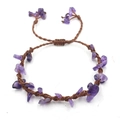 Handmade woven bracelet with natural purple amethyst stones and adjustable brown cord - Purple Crystal