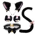 Detailed view of 4-piece black cat cosplay set with bell ears, collar, and plush tail - Black Pink Inner + Choker + Wristbands + Tail