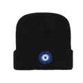 Detalle del gorro de punto negro con bordado de ojo y texto No Bad Vibes - M (56-58cm) / Negro