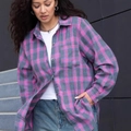 Damen Flanellhemd mit rosa-grauem Karomuster, lockere Passform und Knopfleiste - S / Rosa