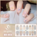 Detail of 5D pink gel nail stickers with blue gems and gold foil accents BB-003 - Style BB003