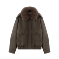 Faux suede jacket for women with faux fur collar and large utility pockets in olive brown - XS / Brown