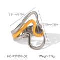 Detailed view of the wave-shaped bicolor stainless steel ring with dimensions and weight info - Flowing Lines Irregular Style (HC-R30358-GS)