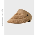 Straw open top sun hat for women with unique layered fringe brim in natural wood color - Dark Khaki