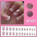 Roze French press-on nagels met witte tips, gouden lijnen en sterren, vierkante vorm - Roze en Wit Frans Ster Ontwerp (W1037)