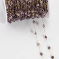 Bohemian purple crystal bead chain with gold-plated copper links on white spool - Gold Chain - Purple