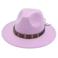 Detail of bohemian leather hat band with metal shell charms on lilac wool fedora hat - Taro Purple